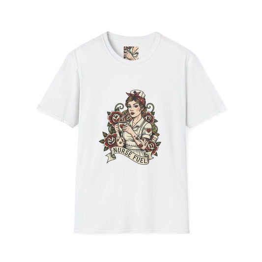 Nurse Fuel Tattoo-Style T-Shirt – Retro Nurse Graphic Tee for Healthcare Workers